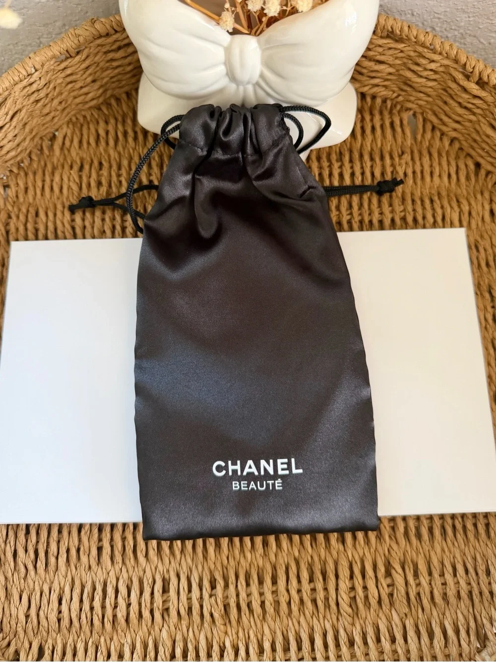CHANEL Black Satin Eye Mask with CC Emblem